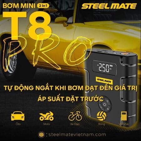 Bộ bơm lốp ô tô mini T8 Pro Steelmate bo-bom-lop-o-to-mini-t8-pro